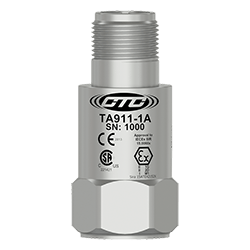 A TA911 stainless steel, top exit dual output accelerometer engraved with the CTC Line logo, part number, serial number, and hazardous rating logos.